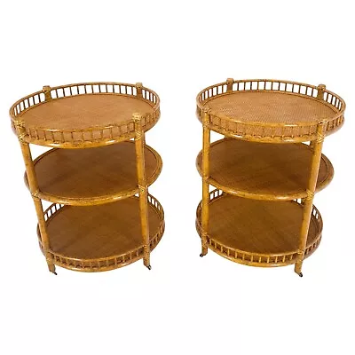 Pair Of Maguire Round Reed & Cane Three Tier Gallery Top Serving Tables Stands • $7200