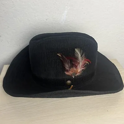 Vintage Levi’s Corduroy Cowboy Hat 7 3/8 Black Western Feather • $56.24