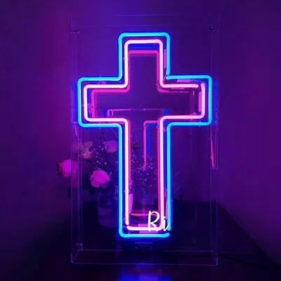 Cross Acrylic Box Handmade Decor Real Glass Vintage Neon Sign 14  • $85.49