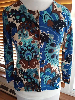 J.Crew Collector's Print 60s Retro Blues Merino Cardigan Sweater M 6 • $14.99