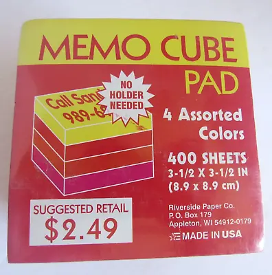 Vtg Memo Cube Note Pad 4  Colors 400 Sheets Riverside Paper Co. USA NOS • $15.99