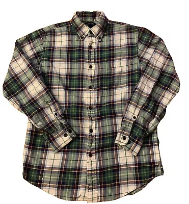 Lands End Mens Flannel Shirt Button Cotton Green Blue Plaid Size Small 14 14 1/2 • $8.99