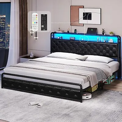 King Size Bed Frame With LED Light Headboard & Outlets Upholstered Platform Bed • $189.97