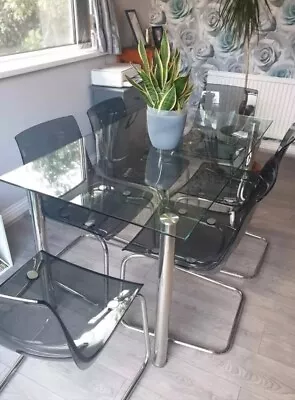 Grey Glass/Chrome Dining Table And 6 Ikea Chairs  Home Kitchen Dining Furniture • £30