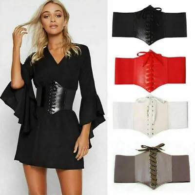 UK Ladies Waist Cincher Wide Band Elastic Tied Waspie Corset PU Leather Belt • £3.99