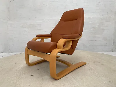 EB3525 Danish Skippers Orange Tan Leather Chair With Beech Cantilever Base MBEN • £225