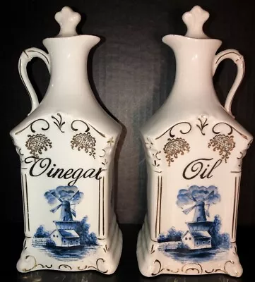 Antique Germany Porcelain Oil & Vinegar Cruets Bottle W/Stopper Windmill Delft • $7.95