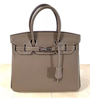Brown Taupe Genuine Pebbled Leather Locking Satchel Handbag Purse Tote 28cm • $39.99