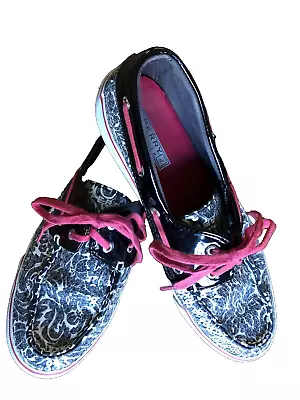 Sperry Ladies Boat Shoe Black And White Paisley Red Trim Clear Sequins Size 9 • $16.97