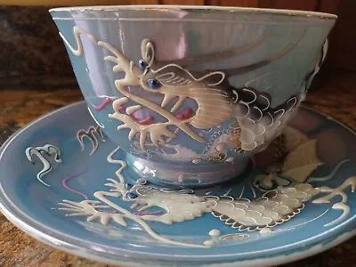 Vintage Dragon Dragonware Tea Cup And Saucer Set Japan Made Hand Painted Blue • $30