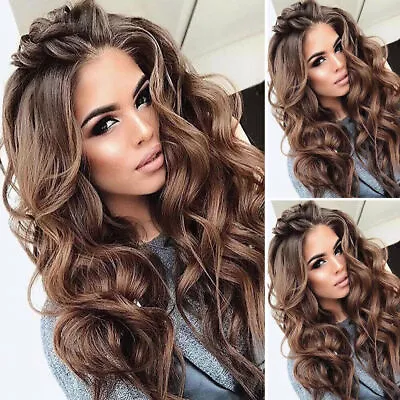 Womens Ladies Long Curly Brown Wig Natural Wavy Full Hair Wigs Cosplay Party • £18.49