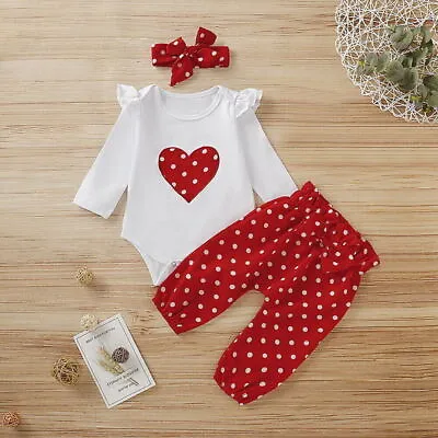 Newborn Baby Girls Polka Dot Ruffle Romper Tops+Pants+Headband Outfits Clothes • £8.99