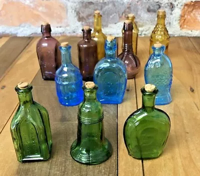 12 Miniature Glass Bottles With Corks LOT Blue Gold Green Purple Vintage • $39.99