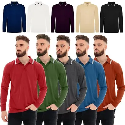 Mens Polo Long Sleeve Pique T-Shirt Tipping Collar Pocket Smart Casual Shirt Top • £9.99