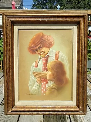 HOPPIN CLOWN & LITTLE GIRL ON CANVAS OIL PAINTING FRAMED 16” X 12” Vintage • $62.50