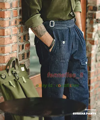 Mens Cotton Gurkha Pants High Waist Trousers Retro Washed Jeans Straight Pants • $62.17