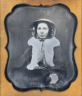 Young Woman Bonnet Leather Gloves Fur Hand Muffler 1/6 Plate Daguerreotype K590 • $135