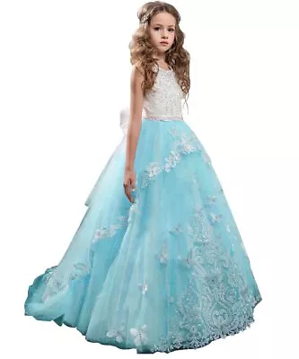 PLWedding Flower Girl Dress Kids Lace Beaded Pageant Ball Gowns (Size 12 Blue) • $23.19