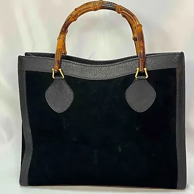 Vintage GUCCI Diana Black Suede Leather Bamboo Handle Hand Bag Authentic #182 • $230