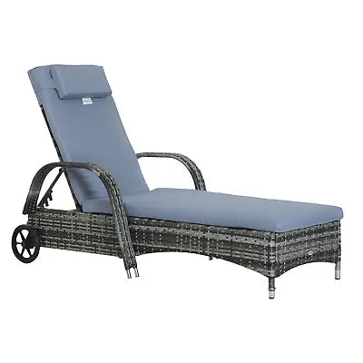 Outsunny Adjustable Wicker Rattan Sun Lounger Recliner Chair W/ Cushion Grey • £136.99