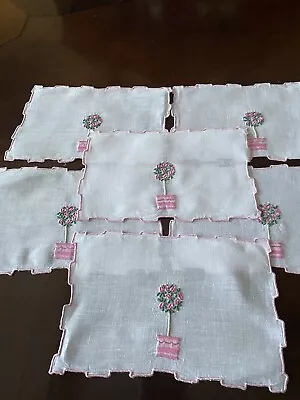 Vintage Pink ROSE TREE Madeira Embroidered Cocktail Napkins 6 @ 5  X 8  • $125