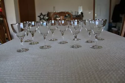 Platinum Rimmed Mid Century Modern Crystal Stemware Water Wine Goblets Set Of 11 • $149.99