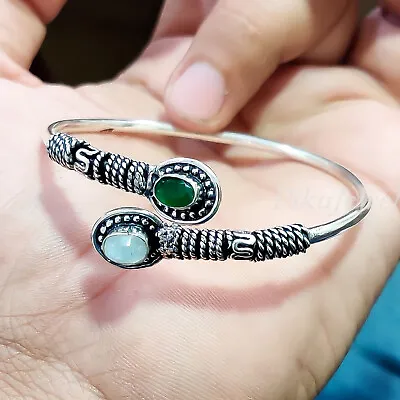 Green Onyx & Moonstone Gemstone 925 Sterling Silver Handwork Cuff Bracelet/p-404 • $20.19