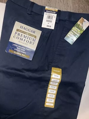 New Haggar Mens 34x 32 Classic Fit Premium Comfort Khaki Navy Blue Pants • $24.99