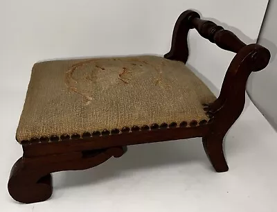 19th C. Footstool With Queen Claude Of France Needlepoint-Eleanor Custis Wright • $650