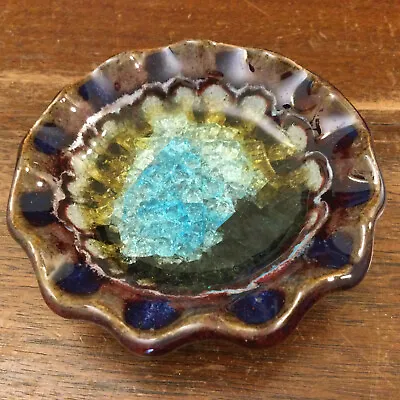 Crackled Glass Geode Mix Pottery Kerry Brooks? Glazed Trinket Dish Made In USA • £5