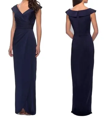 La Femme Womens Size 8 Surplice Off Shoulder Column Gown Maxi Dress Color Navy • $85