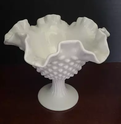 Fenton Pedestal Candy Dish Compote White Hobnail Milk Glass Ruffled Edge Vintage • $21.99