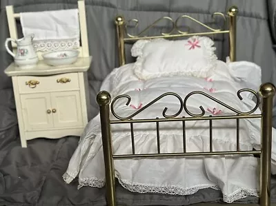 American Girl Vintage Brass Bed Bedding & Commode Nightstand  • $52