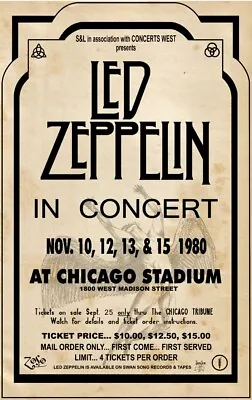 $12.99 • Buy Led Zeppelin 1980  CONCERT POSTER Chicago Beautiful!  Plant, Page, Bonham 