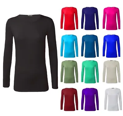 Womens Ladies Long Sleeves Stretch Plain Round Scoop Neck T Shirt Top Sizes 8-26 • £7.95