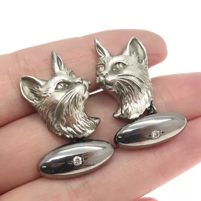 925 Sterling Silver Vintage Real Round-Cut Diamond Kitty Cat Cufflinks • $159.95