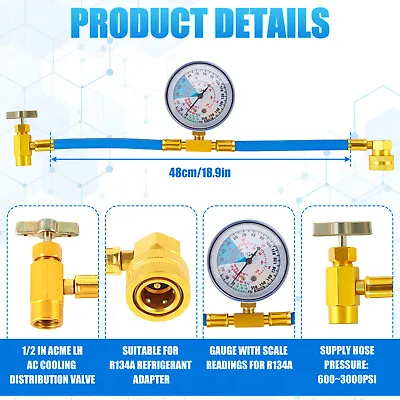 Self-Sealing R134a A/C Can Tap Gauge Hose Recharge AC Conditioning Car AC Kit∦ • $20.89