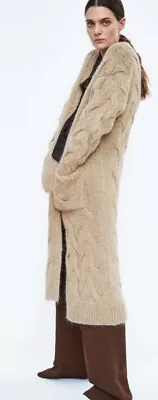 ZARA Beige/camel Long Cable Knit Cardigan Coatigan Wool Blend S UK 8-10-12 • £39.99