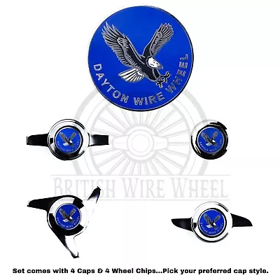 Dayton Eagle Chrome & Blue Metal Wheel Chip Emblems With Spinner Caps Set Of 4 • $273.58