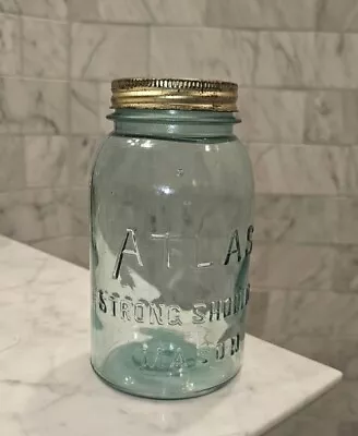 Vintage Light Green Atlas Strong  Shoulder Glass Mason Jar With Lid • $16.99