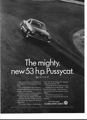 Original 1967 Volkswagen Karmann Ghia Print Ad:    The New 53 H.p. Pussycat  • $4.95