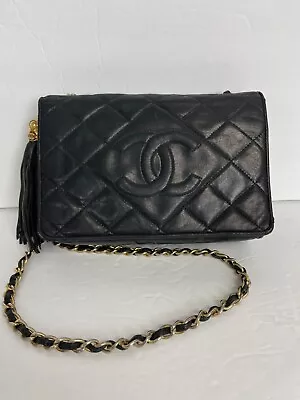 Vintage Chanel Black Quilted Flap Crossbody Tassel Handbag • $1500