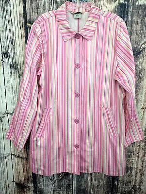 LL Bean Macintosh Raincoat Trench Coat Womens L Pink Stripe Pockets Button Up • $39.99