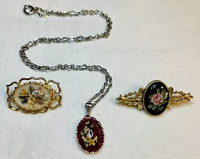 Lot Of 3 Floral Vintage Cameo Style Brooches & Necklace 3-D Flowers More • $14.99