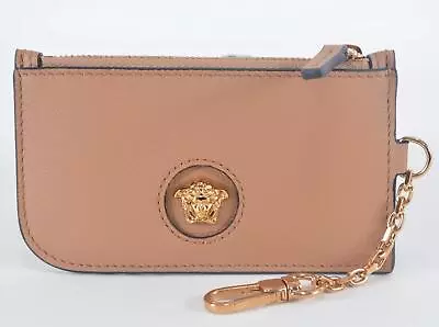 NEW Versace LA MEDUSA Leather Card Case Zip Wallet Key Ring CARAMEL BROWN • $145.35