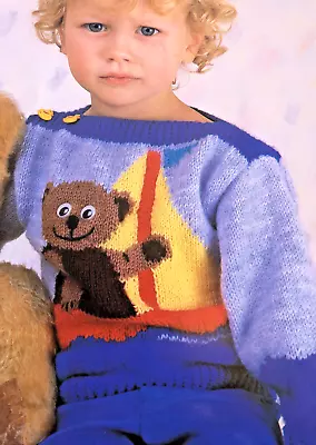 Knitting Pattern Girls Boys Sailing  Teddy Bear Picture Jumper Dk 22 - 30 - 7t • £2.15