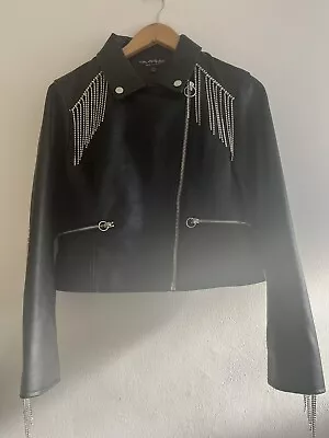 Miss Selfridge Black Diamanté Faux Leather Jacket 12 • £35