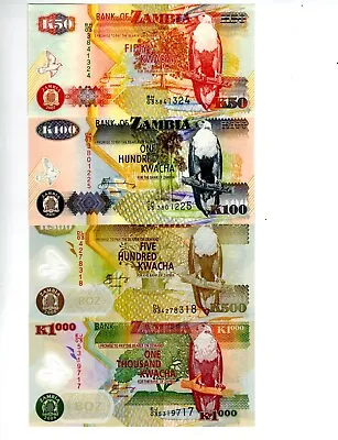 $9.99 • Buy Zambia 4 Uncirculated Notes 50, 100, 500 &1000 Kwacha Uncirculated 