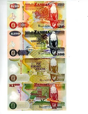 Zambia 4 Uncirculated Notes 50 100 500 &1000 Kwacha Uncirculated  • $9.99