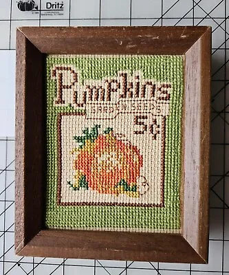 VINTAGE Completed Framed 6x7 NEEDLEPOINT PUMPKIN SEED PACKET • $8